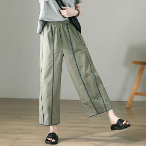 Blue Striped Straight Leg Pants Sage Green Cotton Trousers