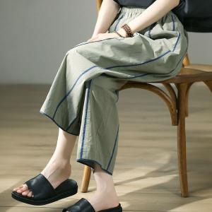 Blue Striped Straight Leg Pants Sage Green Cotton Trousers