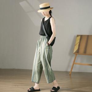 Blue Striped Straight Leg Pants Sage Green Cotton Trousers