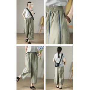 Blue Striped Straight Leg Pants Sage Green Cotton Trousers