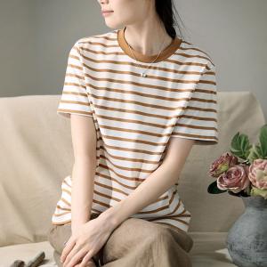 Horizontal Striped Coffee T-shirt Short Sleeves Cotton Tee