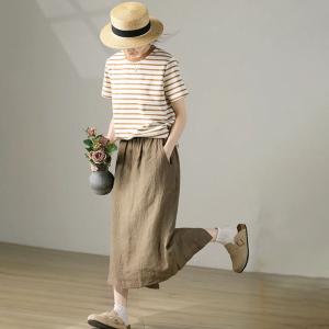 Horizontal Striped Coffee T-shirt Short Sleeves Cotton Tee