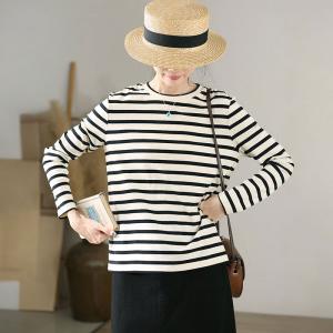 Black Horizontal Striped T-shirt Basic Long Sleeves Tee