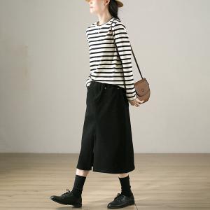 Black Horizontal Striped T-shirt Basic Long Sleeves Tee