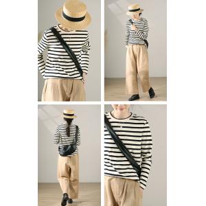 Black Horizontal Striped T-shirt Basic Long Sleeves Tee