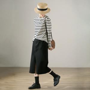 Black Horizontal Striped T-shirt Basic Long Sleeves Tee