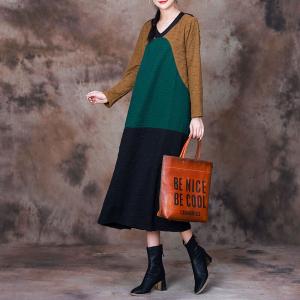 Color Block V-neck Long Sleeves Jersey Dress