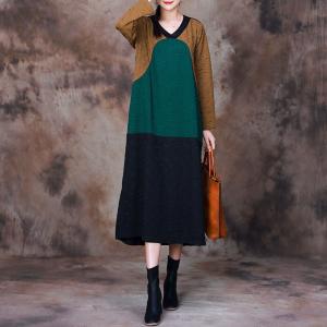 Color Block V-neck Long Sleeves Jersey Dress