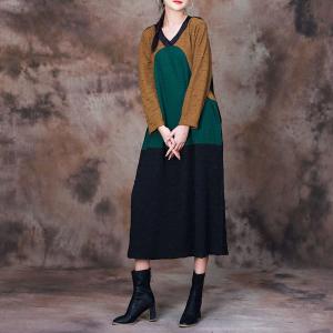 Color Block V-neck Long Sleeves Jersey Dress