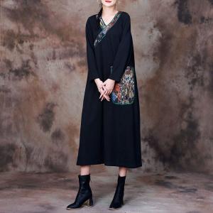Totem Printed Pockets Black Dress Loose Modest Museum Dress