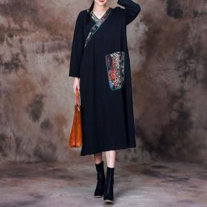 Totem Printed Pockets Black Dress Loose Modest Museum Dress