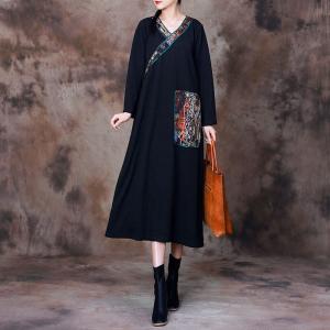 Totem Printed Pockets Black Dress Loose Modest Museum Dress