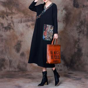 Totem Printed Pockets Black Dress Loose Modest Museum Dress