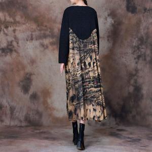 Black Sleeves Printed Flowing Midi Gathered Dress