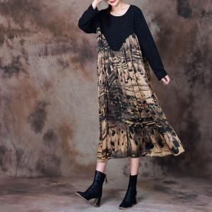 Black Sleeves Printed Flowing Midi Gathered Dress