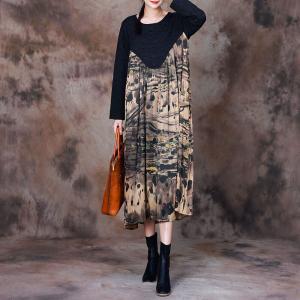 Black Sleeves Printed Flowing Midi Gathered Dress