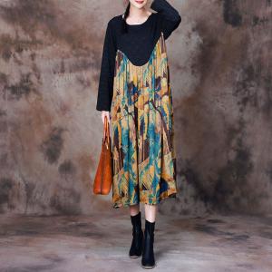 Black Sleeves Printed Flowing Midi Gathered Dress