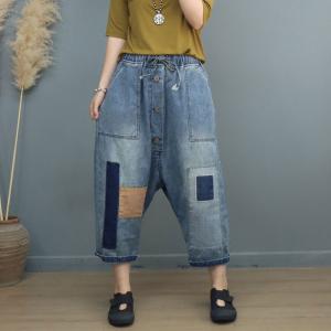 Button Fly Patchwork Cropped Jeans Hippie 90s Jeans