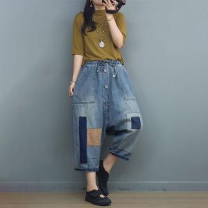 Button Fly Patchwork Cropped Jeans Hippie 90s Jeans