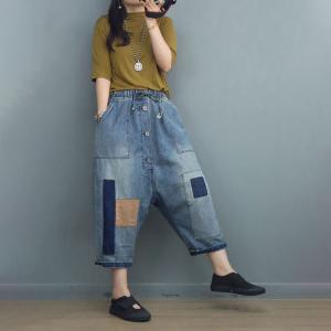 Button Fly Patchwork Cropped Jeans Hippie 90s Jeans