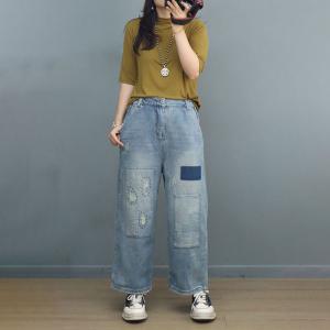 Patchwork and Embroidery Jeans Light Wash Ripped Jeans