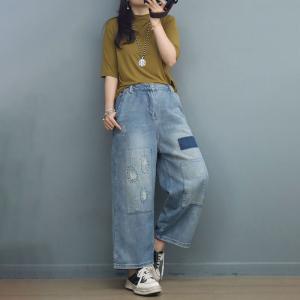 Patchwork and Embroidery Jeans Light Wash Ripped Jeans