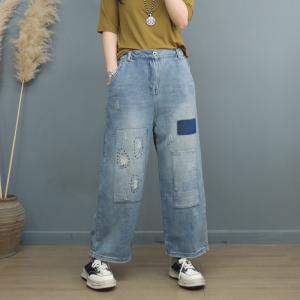 Patchwork and Embroidery Jeans Light Wash Ripped Jeans