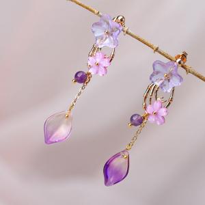 Flowers Glass Purple Earrings Amethyst Long Earrings