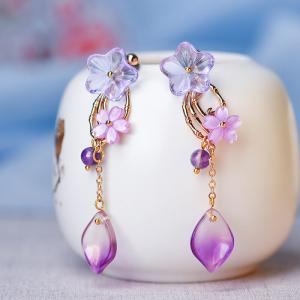 Flowers Glass Purple Earrings Amethyst Long Earrings