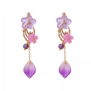 Flowers Glass Purple Earrings Amethyst Long Earrings