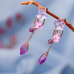 Flowers Glass Purple Earrings Amethyst Long Earrings