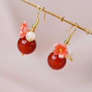 Red Agate Bead Earring Flowers Glass Hanfu Earrings