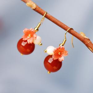 Red Agate Bead Earring Flowers Glass Hanfu Earrings