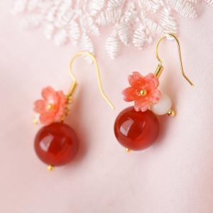 Red Agate Bead Earring Flowers Glass Hanfu Earrings