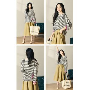 Horizontal Stripes Knit Pullover Long Sleeves Cotton Oversized Tee