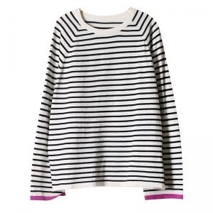 Horizontal Stripes Knit Pullover Long Sleeves Cotton Oversized Tee