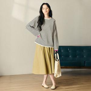 Horizontal Stripes Knit Pullover Long Sleeves Cotton Oversized Tee