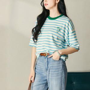 Blue Striped Knitwear Coconut Palm Embroidery T-shirt