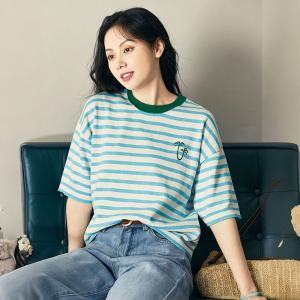 Blue Striped Knitwear Coconut Palm Embroidery T-shirt