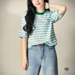 Blue Striped Knitwear Coconut Palm Embroidery T-shirt