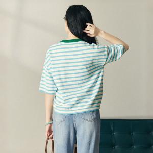 Blue Striped Knitwear Coconut Palm Embroidery T-shirt