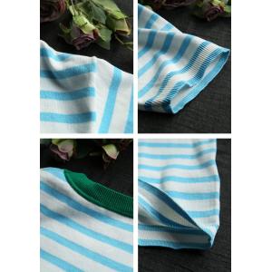 Blue Striped Knitwear Coconut Palm Embroidery T-shirt