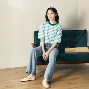 Blue Striped Knitwear Coconut Palm Embroidery T-shirt