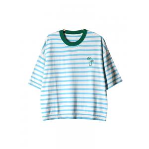 Blue Striped Knitwear Coconut Palm Embroidery T-shirt