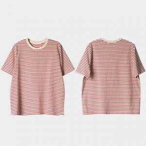 Crew Neck Striped T-shirt Cotton Casual Tee for Women