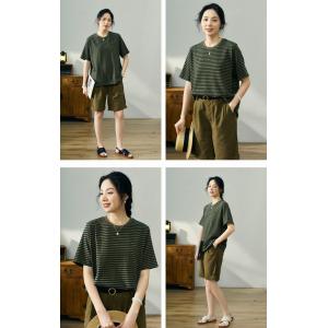 Crew Neck Striped T-shirt Cotton Casual Tee for Women