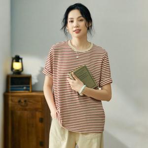 Crew Neck Striped T-shirt Cotton Casual Tee for Women