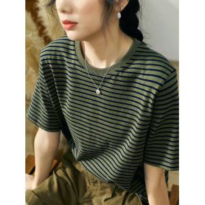 Crew Neck Striped T-shirt Cotton Casual Tee for Women