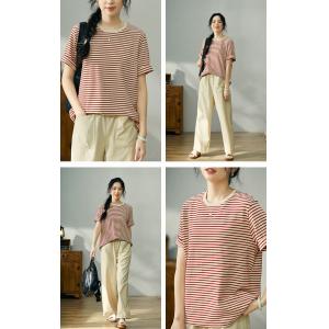 Crew Neck Striped T-shirt Cotton Casual Tee for Women