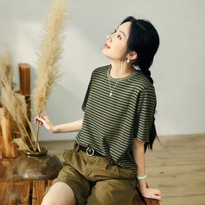 Crew Neck Striped T-shirt Cotton Casual Tee for Women